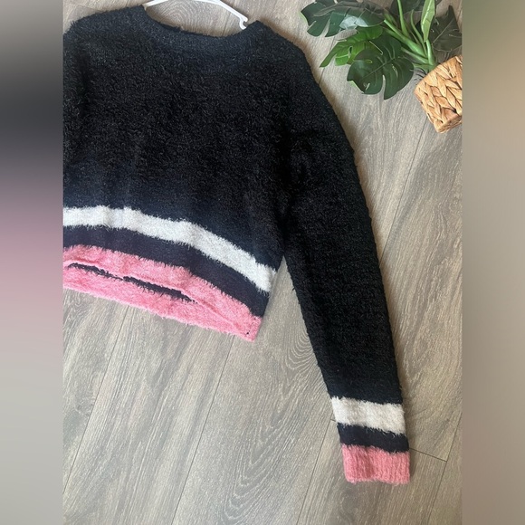 Self esteem boxy cropped black pink and white eyelash fabric sweater Y2K  XL - Picture 3 of 8